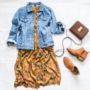 Floral dress with denim jacket outfit