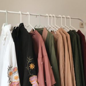 Clothing rack with colorful hanging garments